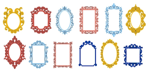 Doodle mirror frames Antique ornate decorative borders modern elegant maiden photo frame design cartoon style Vector isolated collection