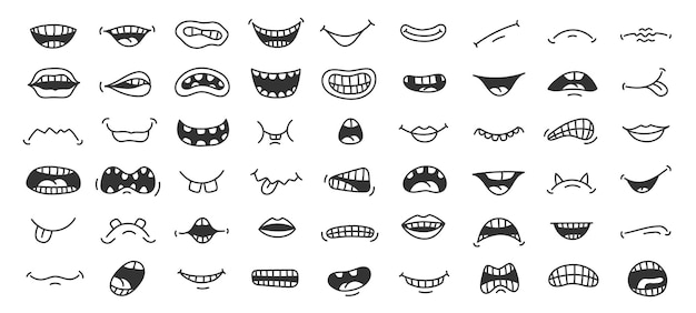 Doodle mouth Funny cartoon pop art smile anger and scary face expression with teeth and tongue Vector cute hand drawn isolated mouths set