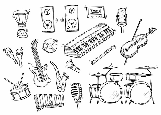 Doodle music icons set Musical instruments in vector Isolated