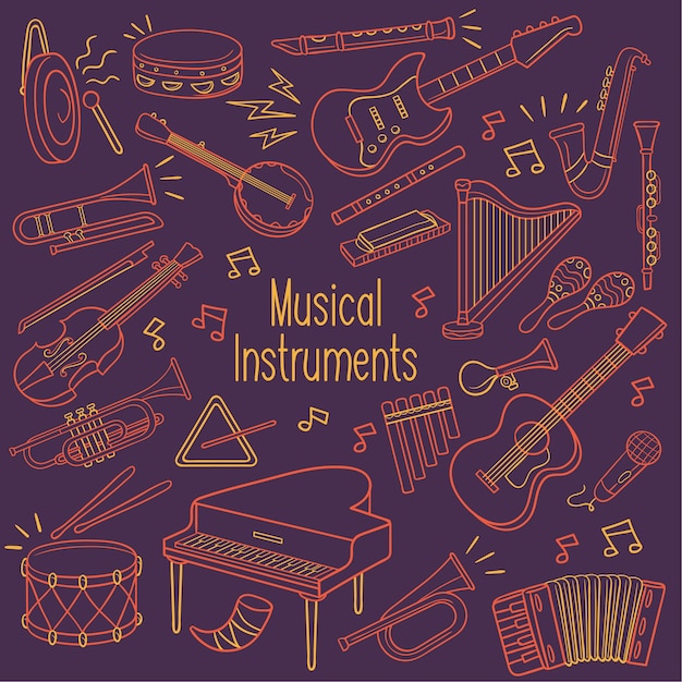 Doodle musical instruments in neon color