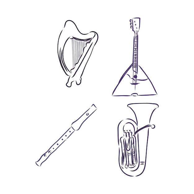 Doodle musical instruments set, vector, set of musical instruments, vector sketch illustration