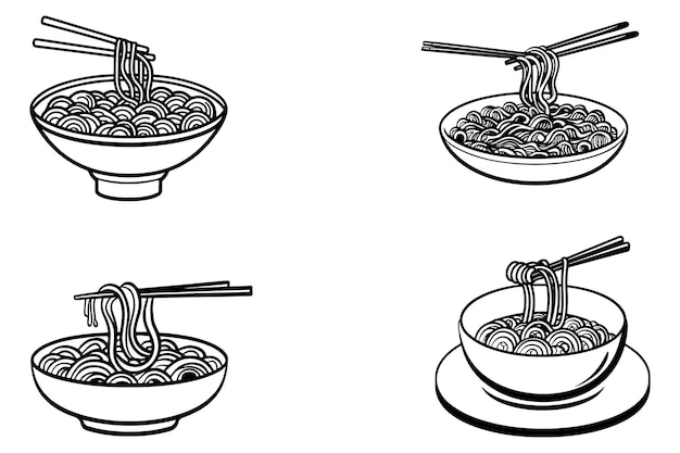 Doodle noodle at bowl and stick outline vector on white background illustration