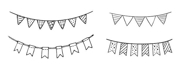 Doodle party bunting flags set Black line sketch garlands