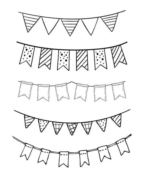 Doodle party bunting flags set Black line sketch garlands