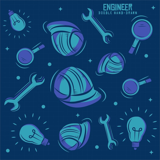 Doodle pattern engineering with helmet, wrench, lamp and magnifying vector