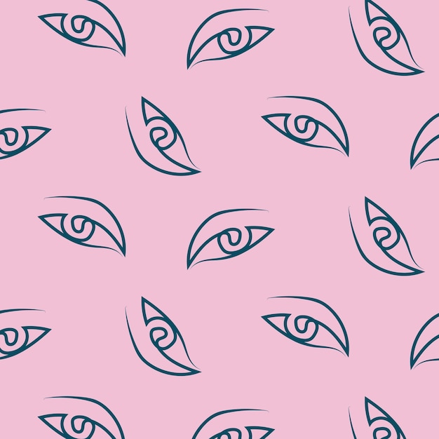 doodle pattern of eyes drawn with one blue line on a pink background