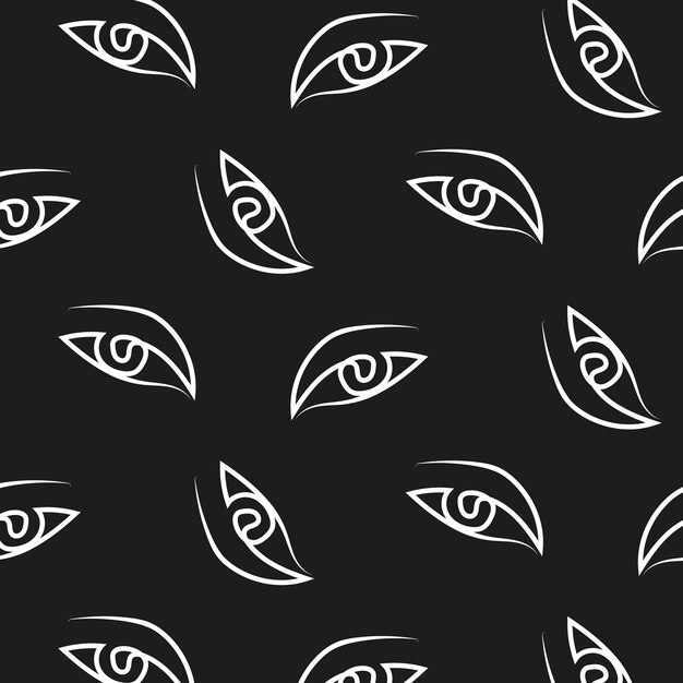 doodle pattern of eyes drawn with one line of white color on a black background