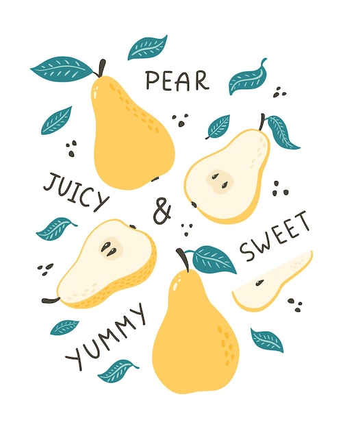 Doodle Pears Poster. Hand drawn fruits with lettering illustration for menu, food package design and decoration, sticker, market label, print,