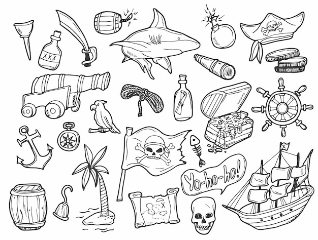 Doodle Pirates Line Set Vector icons Pirates concept