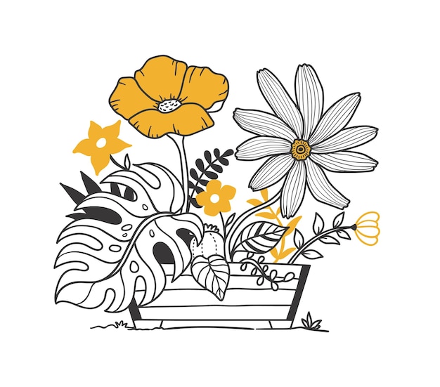 doodle of plants and flowers in wooden pots