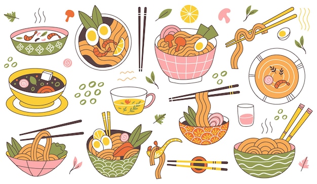 Doodle ramen noodles traditional asian food bowls. Japanese cuisine noodle soup, delicious noodles in meat broth vector illustration. Oriental food ramen bowls with shrimps and mushroom