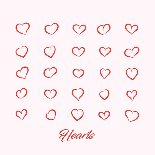 Doodle red love heart outline icon set on pink background.