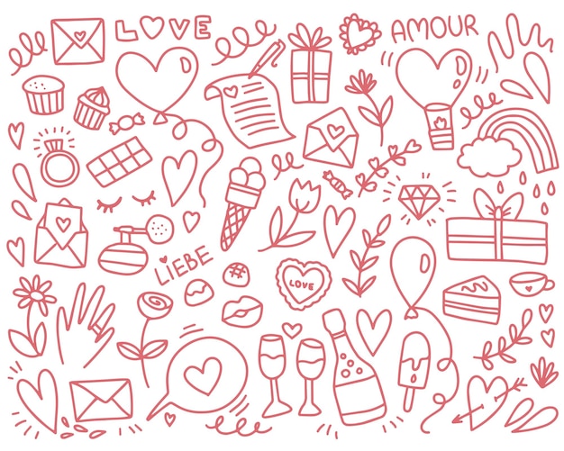 Doodle red and pink love objects cute set vector illustration