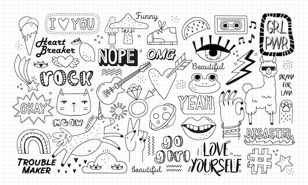 Doodle retro stickers set