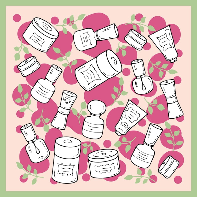 Doodle retro style cosmetic jars and leaves pattern Perfect for scrapbooking poster greeting card and prints Hand drawn vector illustration for decor and design