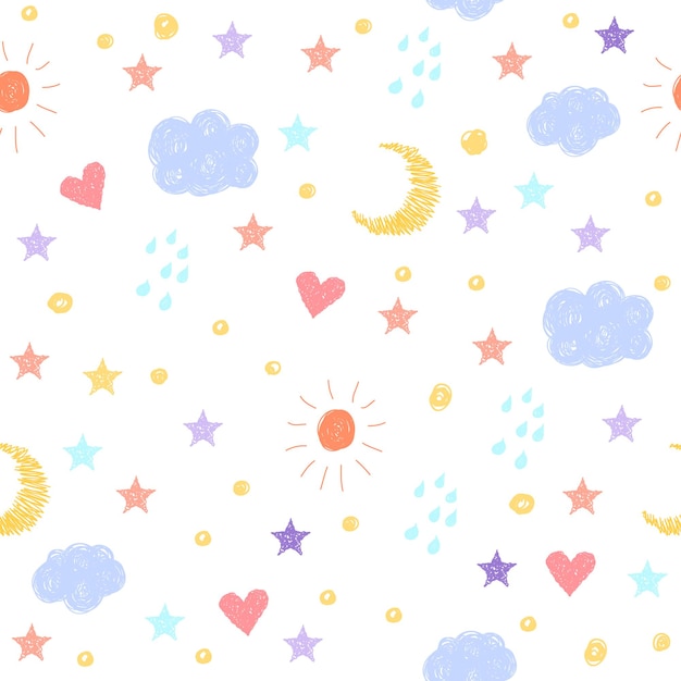 Doodle seamless background. Abstract childish weather pattern for card, invitation, wallpaper, album, scrapbook, holiday wrapping paper, textile fabric, garment, t-shirt etc