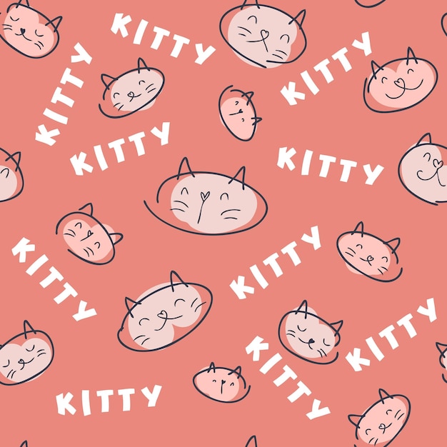 Doodle seamless pattern of cat faces and text KITTY for Tshirt textile and print