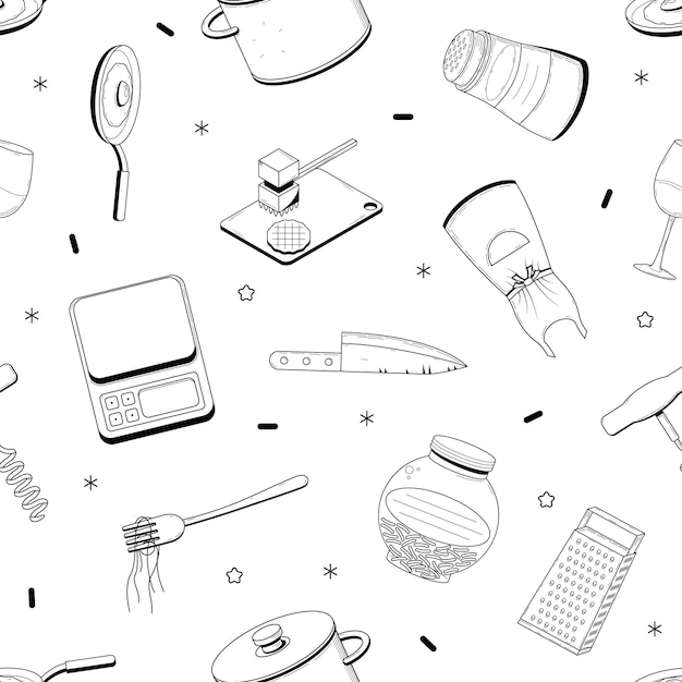 Doodle Seamless Pattern Kitchen Utensils Background Decoration Vector Design For Prints Textiles