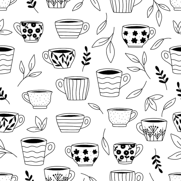 Doodle seamless pattern with cups and tea leaves