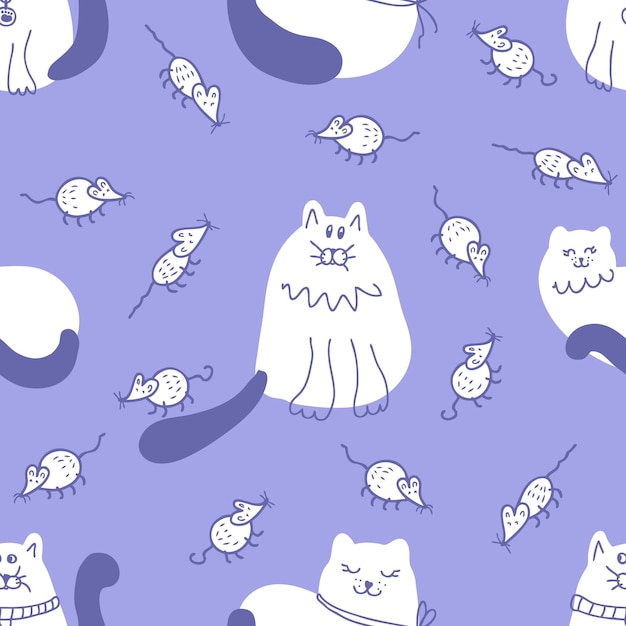 Doodle seamless pattern with fat white cats and mice for Tshirt textile and print