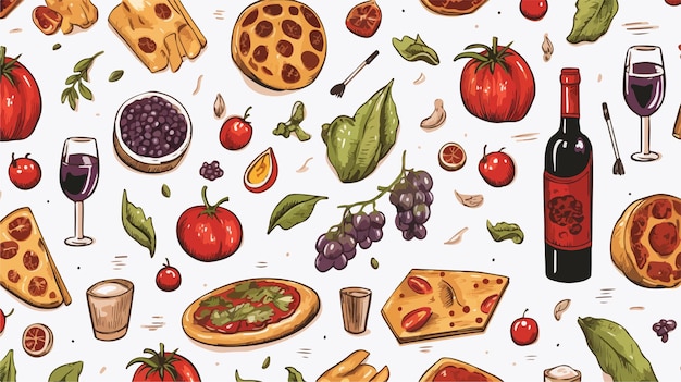 Vector doodle seamless pattern with italian food