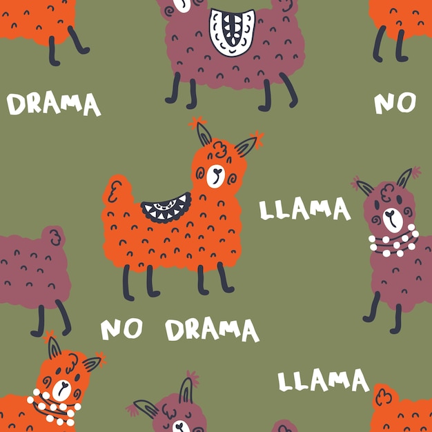 Doodle seamless pattern with lamas and white text NO DRAMA LLAMA Perfect for Tshirt textile and print Hand drawn vector illustration for decor and design