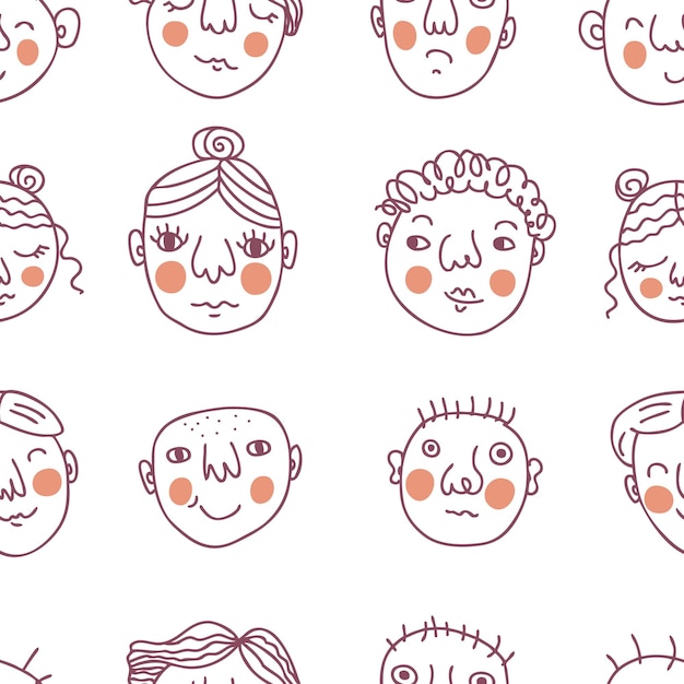 Doodle seamless pattern with peoples faces Perfect for Tshirt textile and print Hand drawn vector illustration for decor and design