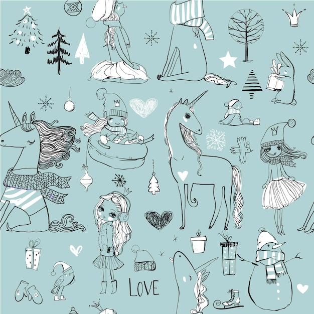 Doodle seamless pattern with winter hand drawn princess with unicorn