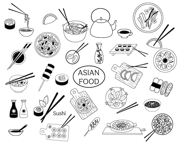 Vector doodle set of asian food chinese dumplings sushi with chopsticks and miso soup