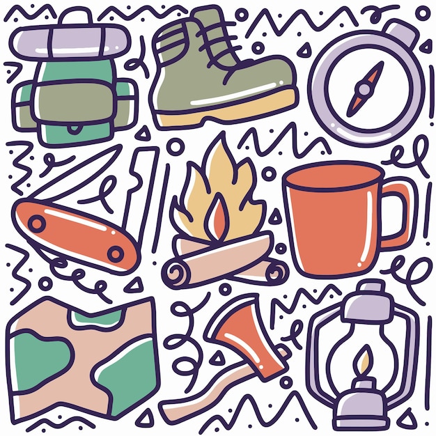 Doodle set of camp tools hand drawing with icons and design elements