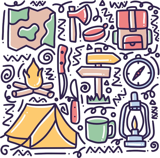 Doodle set of camp tools hand drawing with icons and design elements