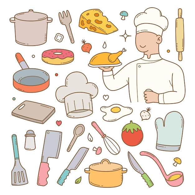 Doodle set of chef cooking tools and equipments hand drawn vector illustration