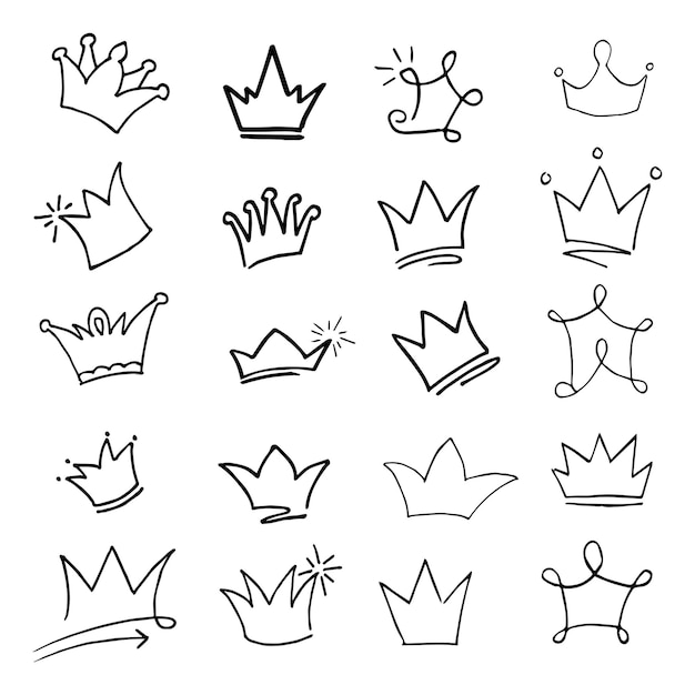 Doodle set crown line art, vector illustration.