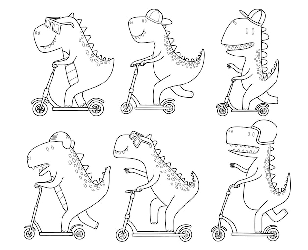 doodle set of cute dinosaur riding kick scooter.