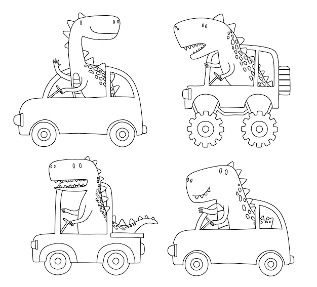 Doodle set of cute dinosaurs riding car.