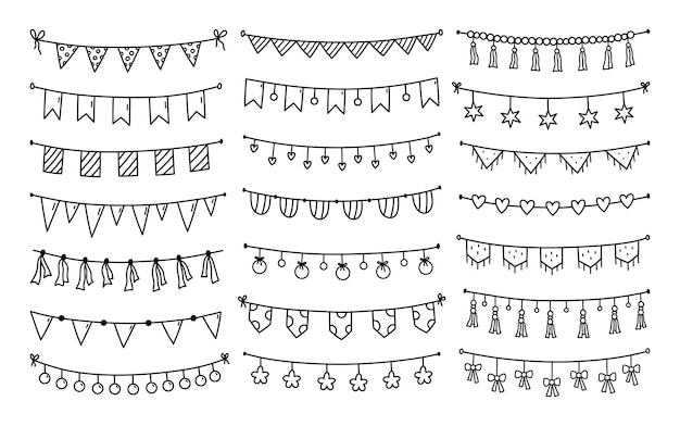 Doodle set of cute festive buntings and flags for parties isolated on white background