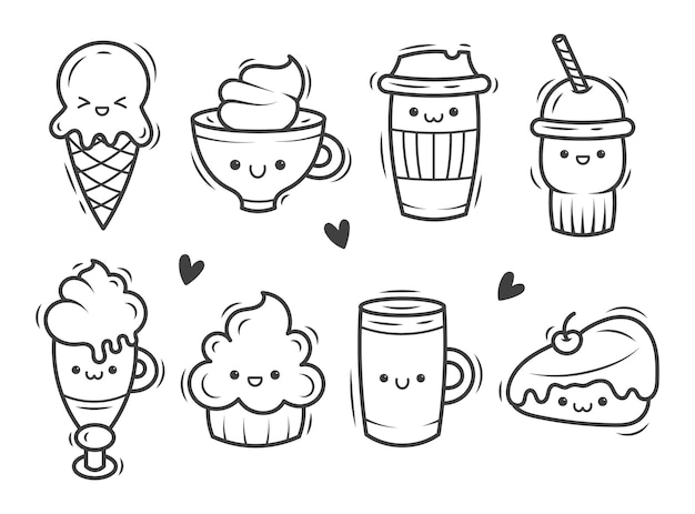 Doodle set of cute kawaii drinks