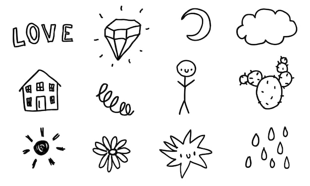 Doodle set, cute scribble isolated, line elements sketch collection for background.