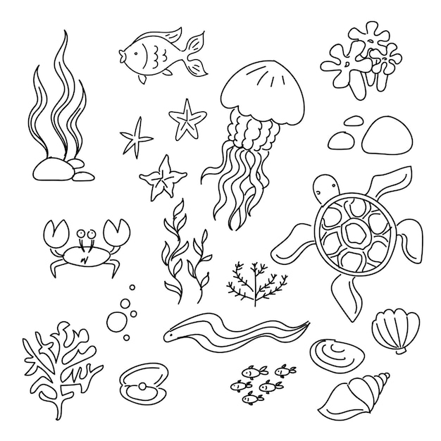 Doodle set of cute sea creatures Water turtle shells jellyfish crab fish