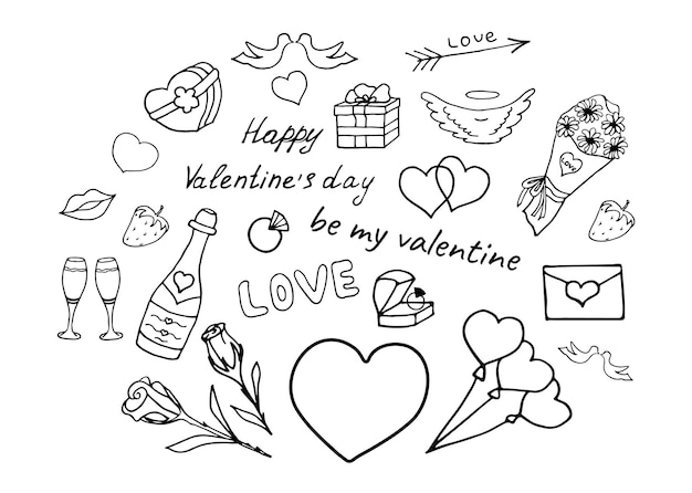 Vector doodle set elements for valentines day line art style vector illustration icons and inscriptions