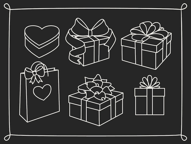 Doodle set of gift boxes with bows, heart shaped box and a gift bag. Hand drawn presents collection. Graphic design elements for advertisement, flyer, poster, web shop sale. Vector illustration