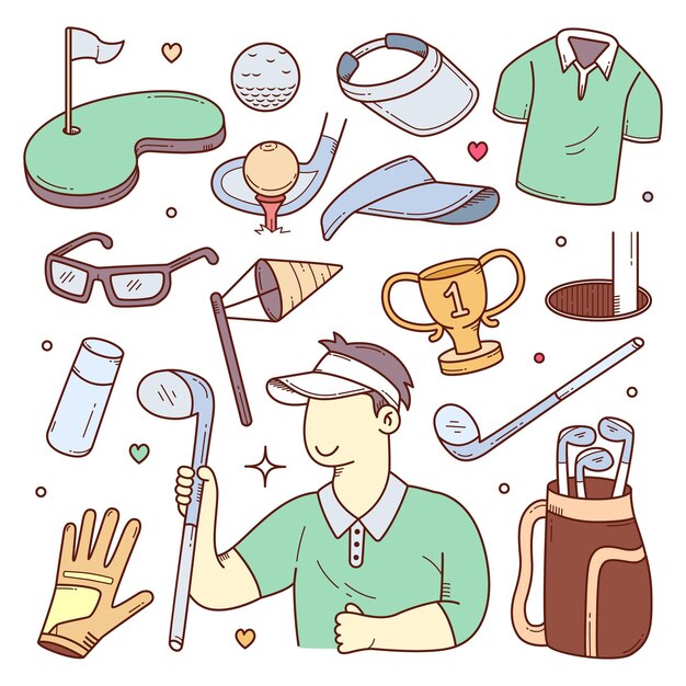 Vector doodle set of golf sports tools and equipments hand drawn vector illustration