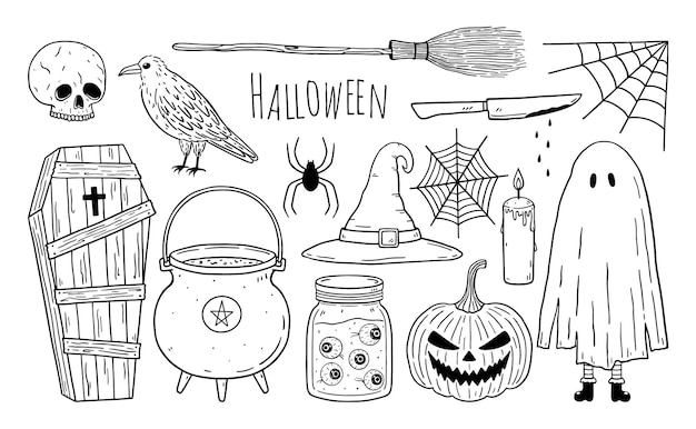 Doodle set of Halloween elements  coffin skull raven witchs cauldron pumpkin spider web ghost