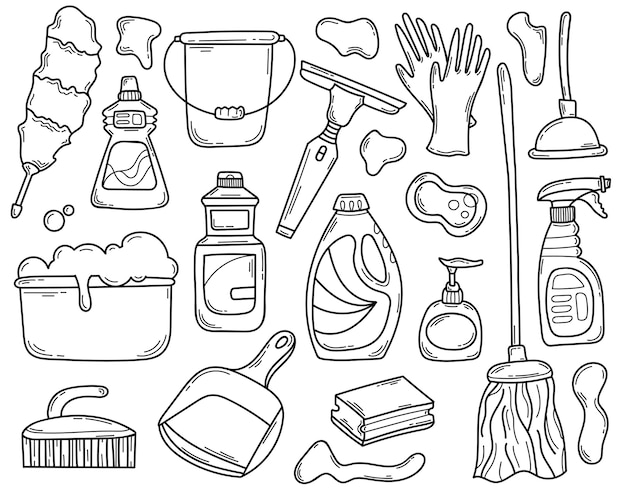 Doodle set of hand drawn elements and detergents for cleaning.