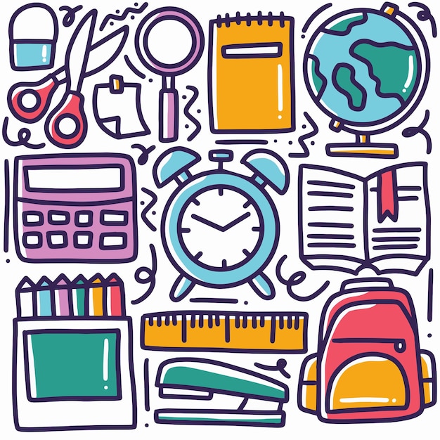 Doodle set of hand drawn school tools with icons and design elements