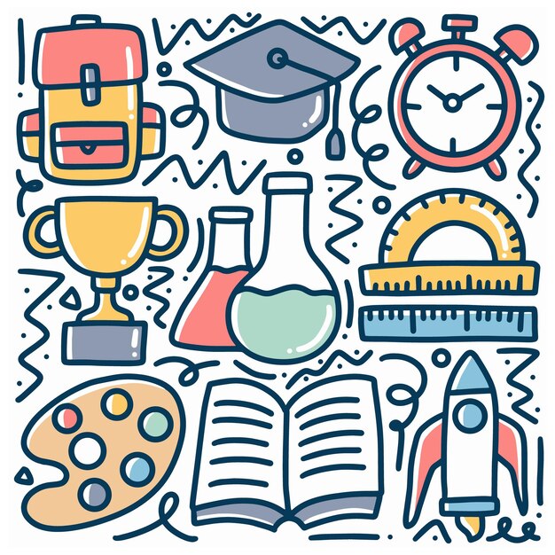 Doodle set of hand drawn school tools with icons and design elements