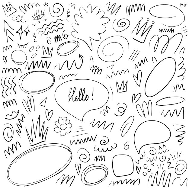 Doodle set of hand drawn speech bubbles and different elements Vector set of doodle shapes and elements