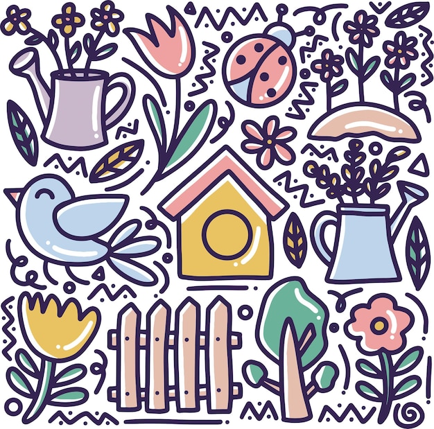 Doodle set of hand drawn spring time with icons and design elements