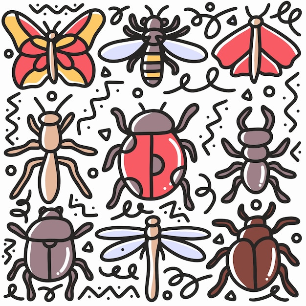 Doodle set of insect hand drawing with icons and design elements