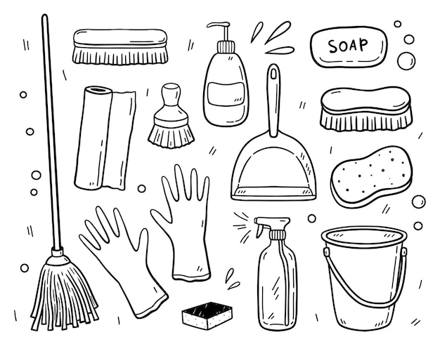 Doodle set of items for cleaning Work equipment for keeping the house clean